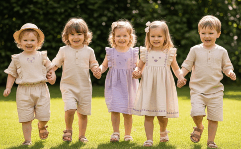 Enfants portant des tenues couleurs pastel