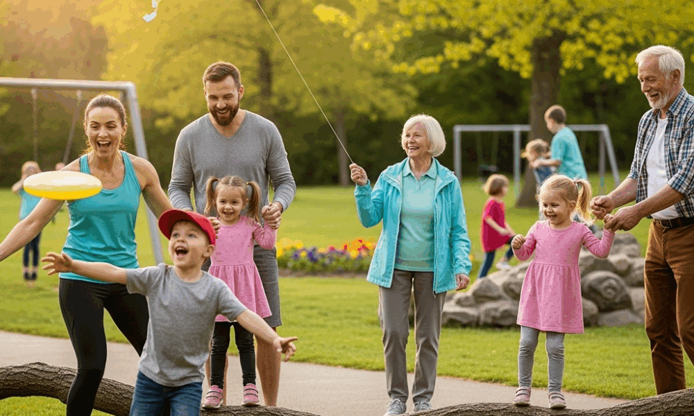 Famille pratiquant diverses activités physiques ensemble dans un parc, développant motricité et coordination des enfants
