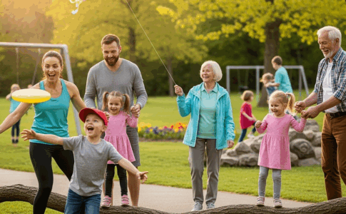 Famille pratiquant diverses activités physiques ensemble dans un parc, développant motricité et coordination des enfants