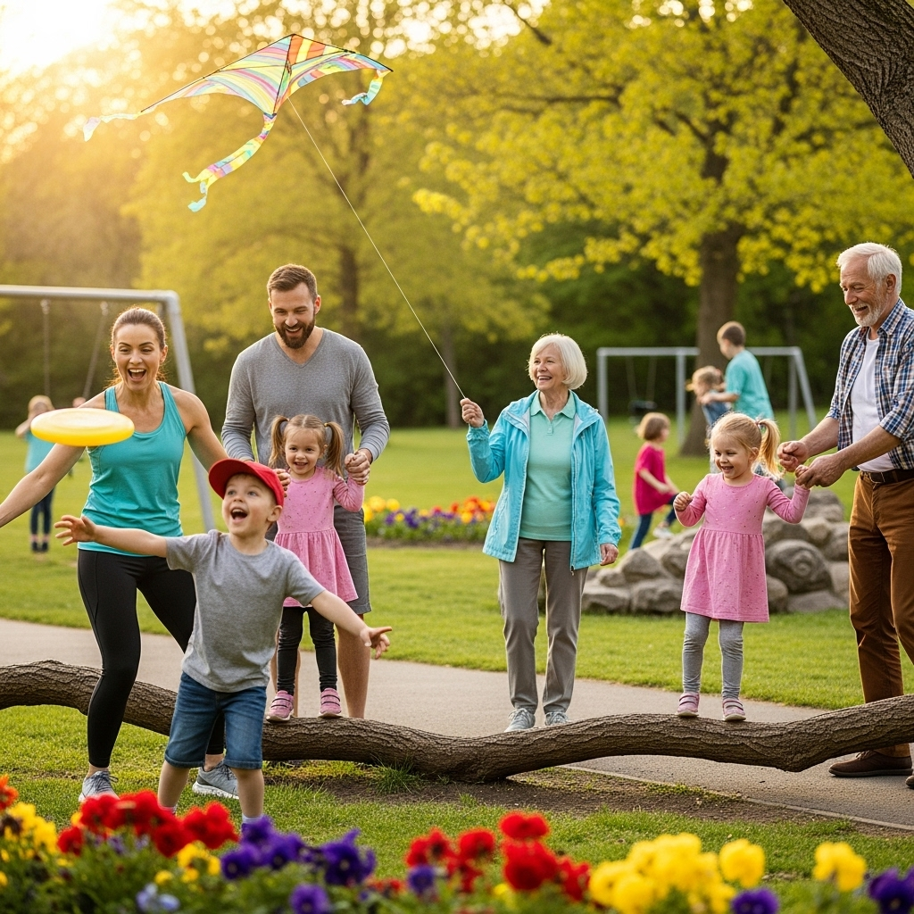 Famille pratiquant diverses activités physiques ensemble dans un parc, développant motricité et coordination des enfants