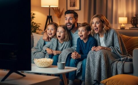 Famille regardant un film ensemble dans un salon confortable, enfants émerveillés devant l'écran
