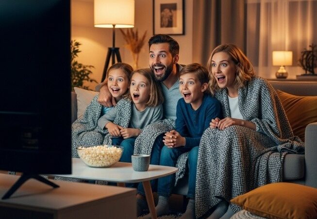 Famille regardant un film ensemble dans un salon confortable, enfants émerveillés devant l'écran