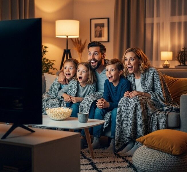 Famille regardant un film ensemble dans un salon confortable, enfants émerveillés devant l'écran
