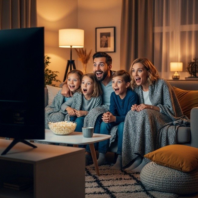 Famille regardant un film ensemble dans un salon confortable, enfants émerveillés devant l'écran