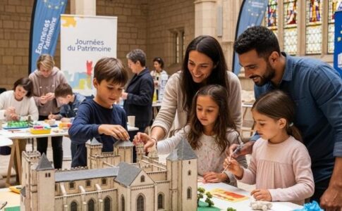 Famille avec enfants découvrant le patrimoine architectural lors d'ateliers ludiques pendant les Journées du Patrimoine