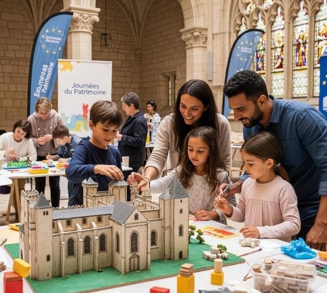 Famille avec enfants découvrant le patrimoine architectural lors d'ateliers ludiques pendant les Journées du Patrimoine