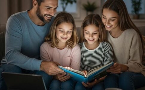 Parents lisant avec enfants dans salon chaleureux