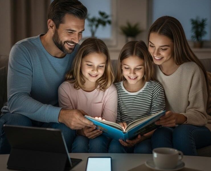 Parents lisant avec enfants dans salon chaleureux