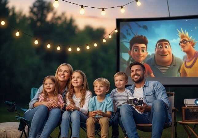 Famille profitant d'une séance de cinéma d'animation en été