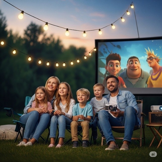 Famille profitant d'une séance de cinéma d'animation en été