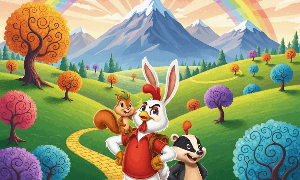 Hopper le héros mi-poulet mi-lapin avec ses amis dans une scène d'aventure familiale