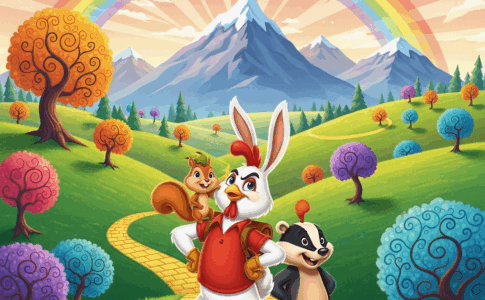 Hopper le héros mi-poulet mi-lapin avec ses amis dans une scène d'aventure familiale