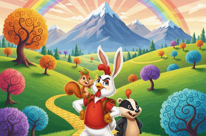 Hopper le héros mi-poulet mi-lapin avec ses amis dans une scène d'aventure familiale