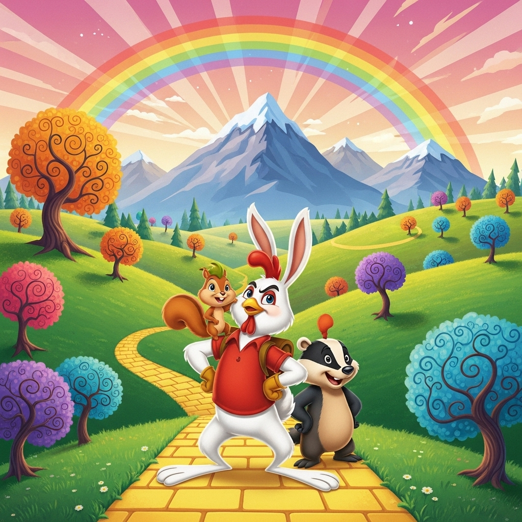 Hopper le héros mi-poulet mi-lapin avec ses amis dans une scène d'aventure familiale