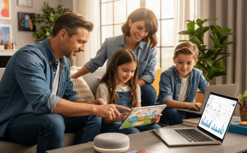 Famille moderne pratiquant la parentalité numérique avec accompagnement bienveillant des technologies d'Intelligence artificielle éducatives