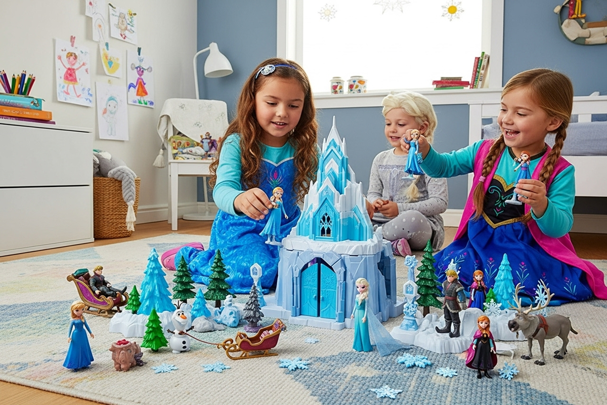 Enfants jouant avec jouets La Reine des Neiges 3 Disney dans leur chambre