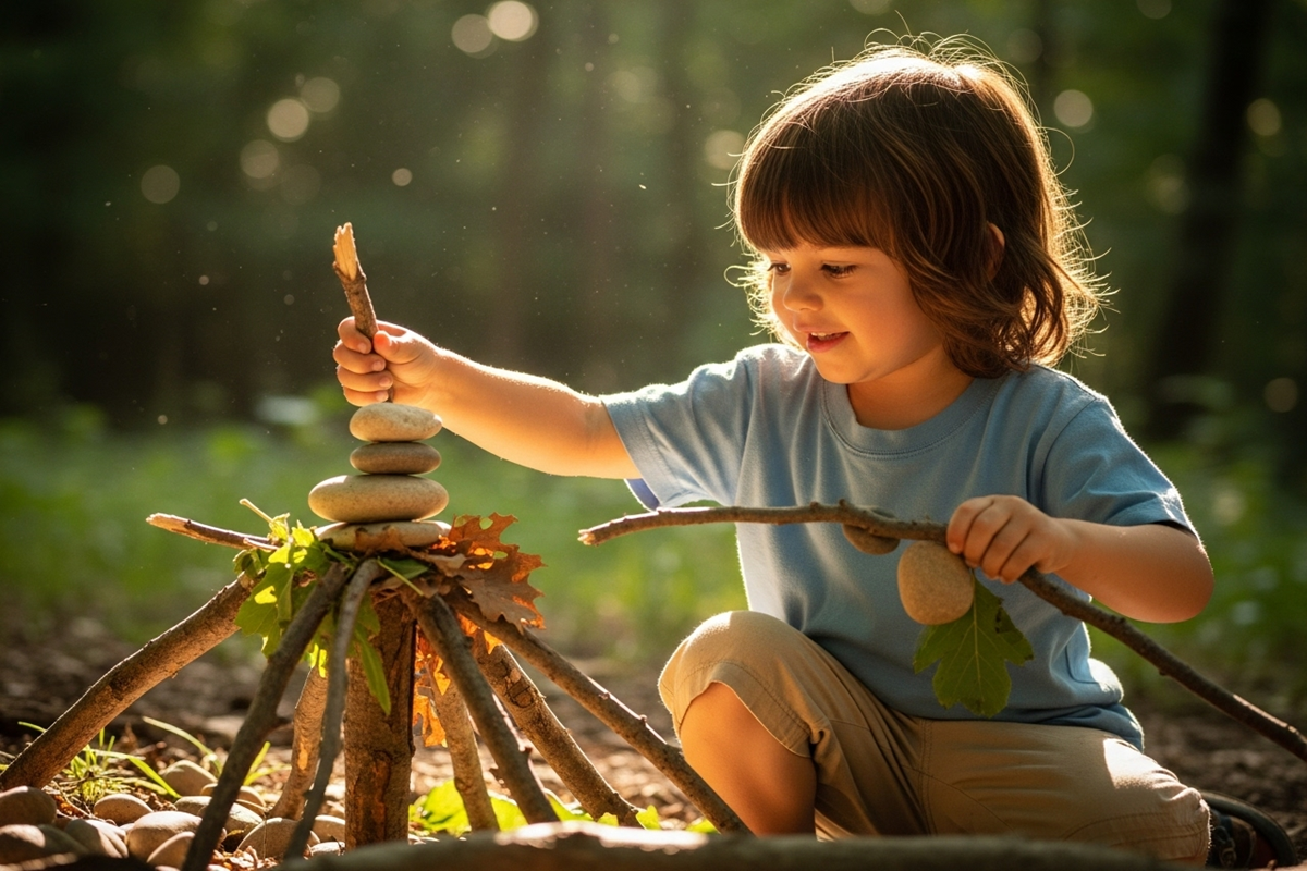 Enfant en jeu libre développant son autonomie et sa créativité naturelle