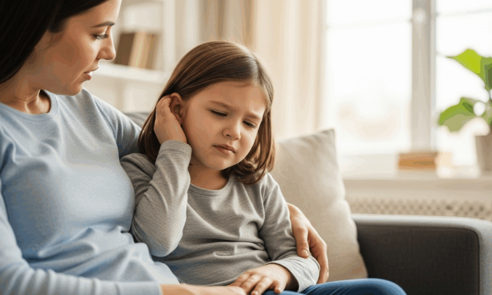 Jeune enfant souffrant de l’inflammation de l’oreille