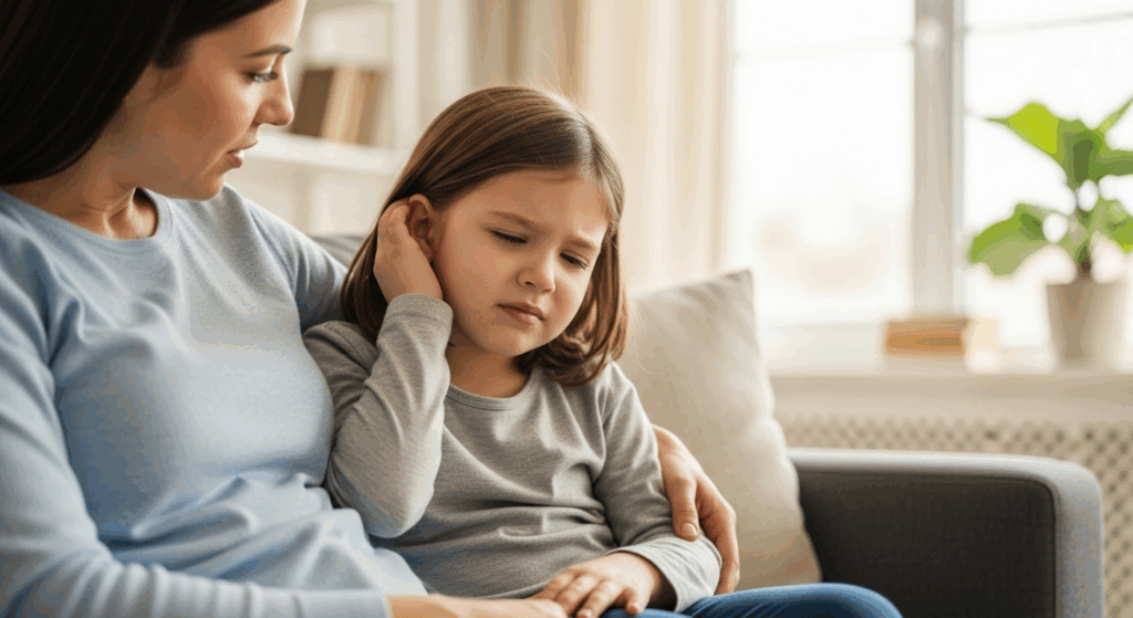 Jeune enfant souffrant de l’inflammation de l’oreille