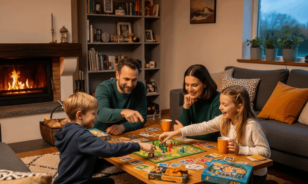 Famille jouant aux jeux de société pour enfants dans un salon chaleureux