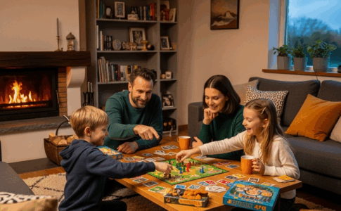 Famille jouant aux jeux de société pour enfants dans un salon chaleureux