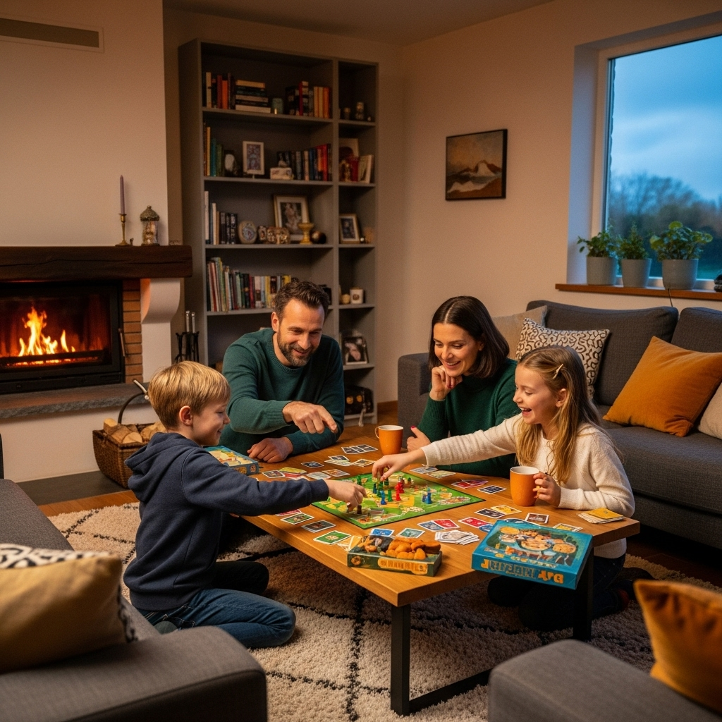 Famille jouant aux jeux de société pour enfants dans un salon chaleureux
