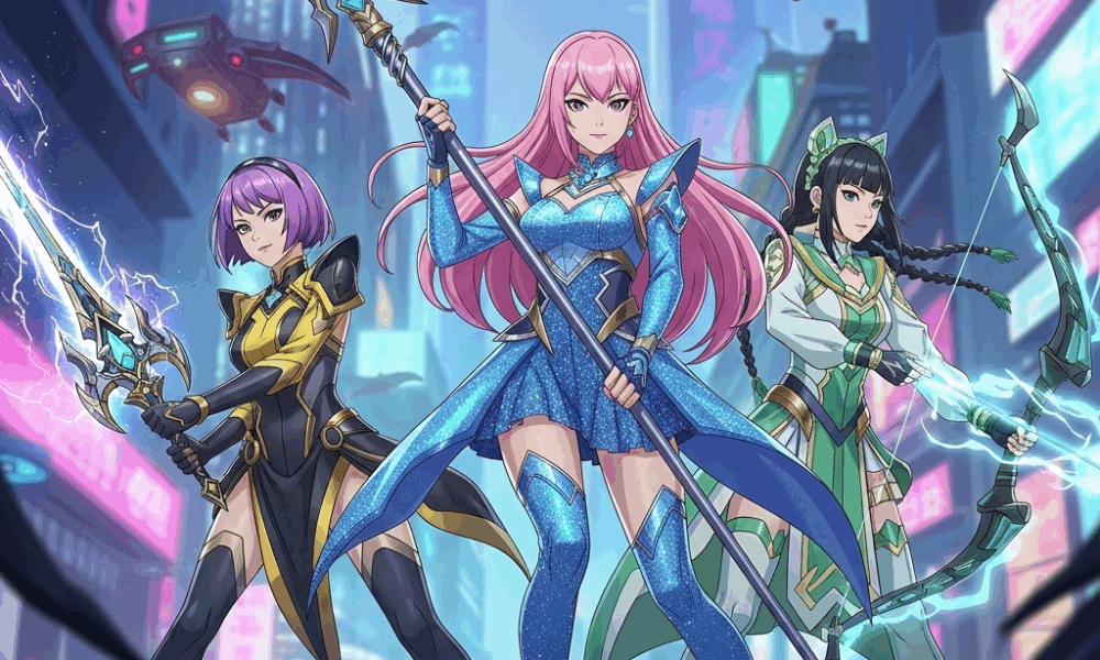Trois jeunes femmes en costumes colorés de K-Pop tenant des armes fantastiques dans une scène d'animation moderne