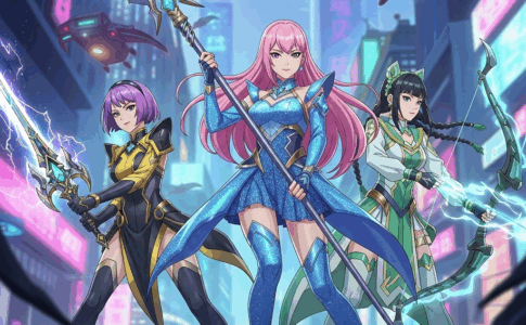 Trois jeunes femmes en costumes colorés de K-Pop tenant des armes fantastiques dans une scène d'animation moderne