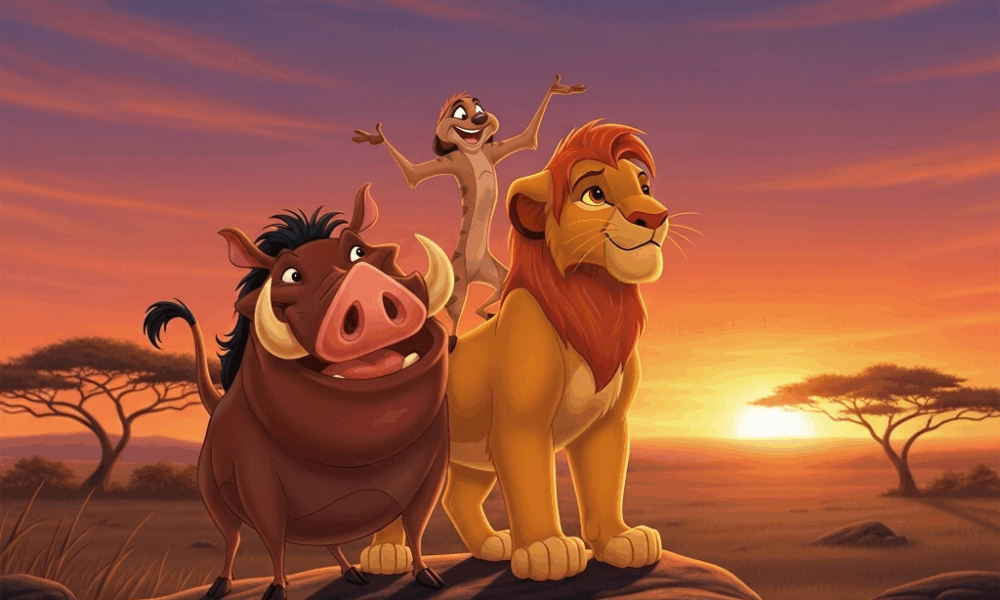 Simba, Timon et Pumbaa dans la savane africaine au coucher du soleil