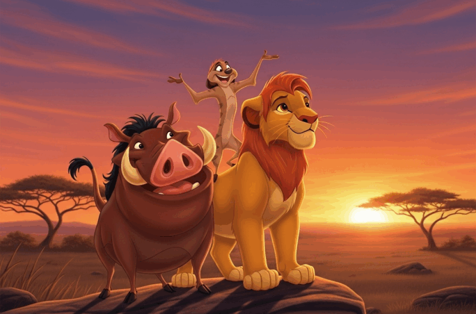 Simba, Timon et Pumbaa dans la savane africaine au coucher du soleil