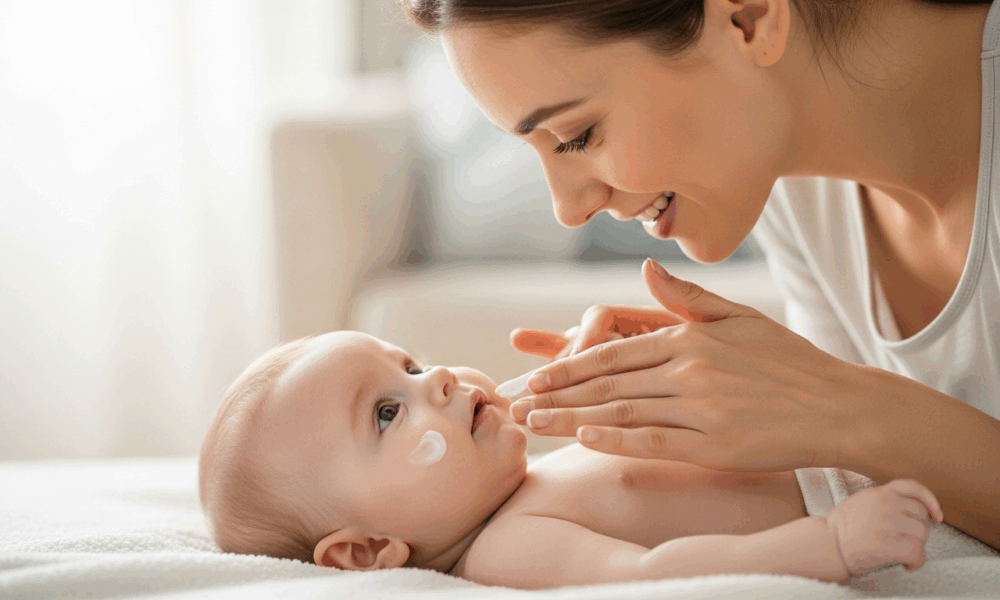 Maman appliquant une crème douce sur la peau de son bébé