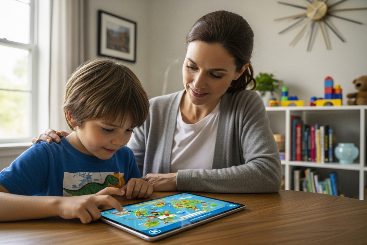 Enfant utilisant tablette sous supervision parentale