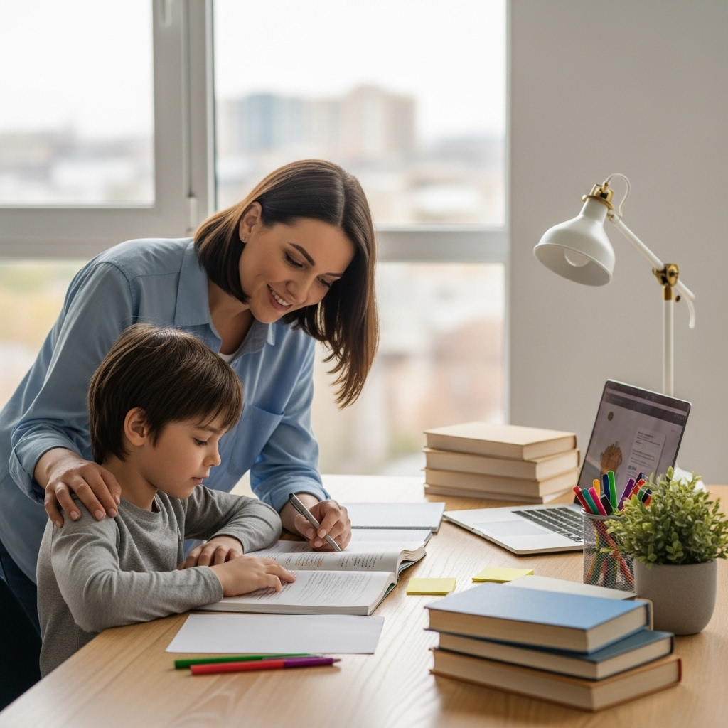 Parent accompagnant enfant pour réussite scolaire dans espace travail