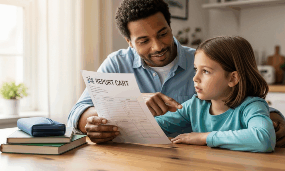 Parent accompagnant son enfant avec bienveillance lors de la découverte du bulletin scolaire dans un moment de dialogue constructif
