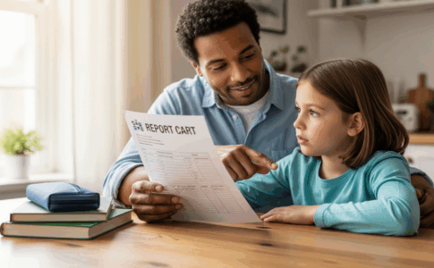 Parent accompagnant son enfant avec bienveillance lors de la découverte du bulletin scolaire dans un moment de dialogue constructif