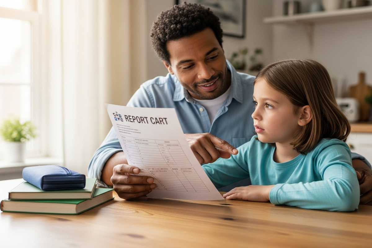 Parent accompagnant son enfant avec bienveillance lors de la découverte du bulletin scolaire dans un moment de dialogue constructif