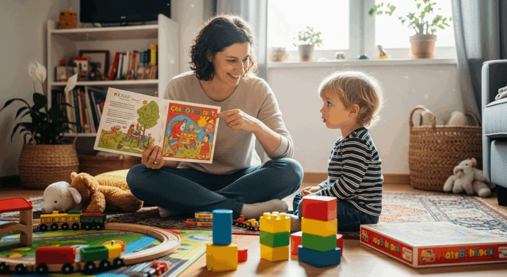 Un parent proposant des loisirs non numériques à un jeune enfant