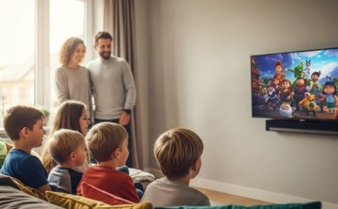 Enfants regardant une série animée en famille dans un salon moderne et chaleureux