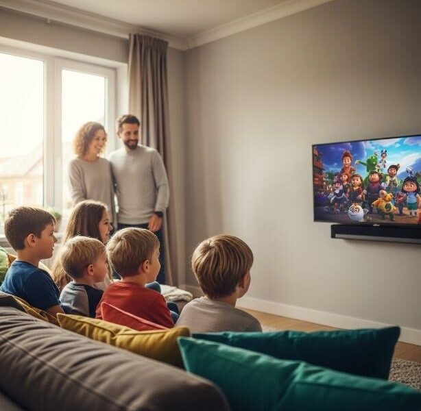 Enfants regardant une série animée en famille dans un salon moderne et chaleureux