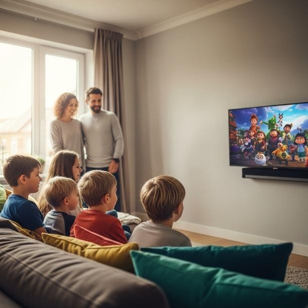 Enfants regardant une série animée en famille dans un salon moderne et chaleureux