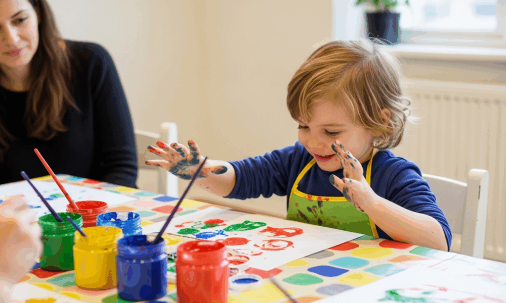 Enfant développant sa créativité et sa motricité fine à travers une activité manuelle de peinture