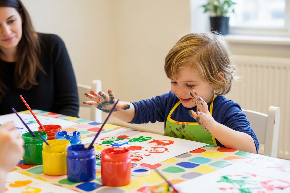Enfant développant sa créativité et sa motricité fine à travers une activité manuelle de peinture 