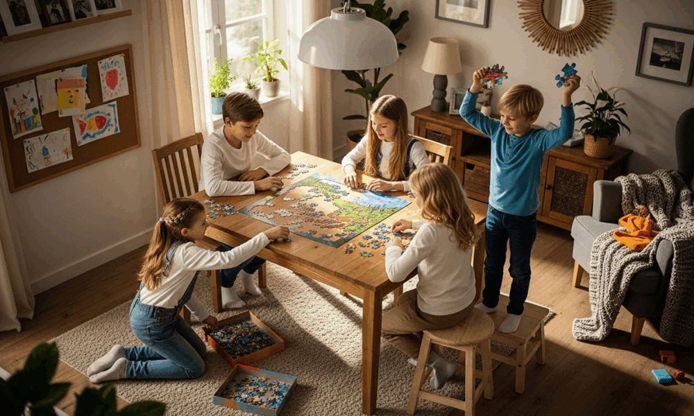 Enfants multiples en harmonie quotidienne lors d'activité familiale collaborative