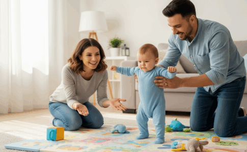Bébé faisant ses premiers pas avec l'encouragement bienveillant de ses parents dans un environnement sécurisé