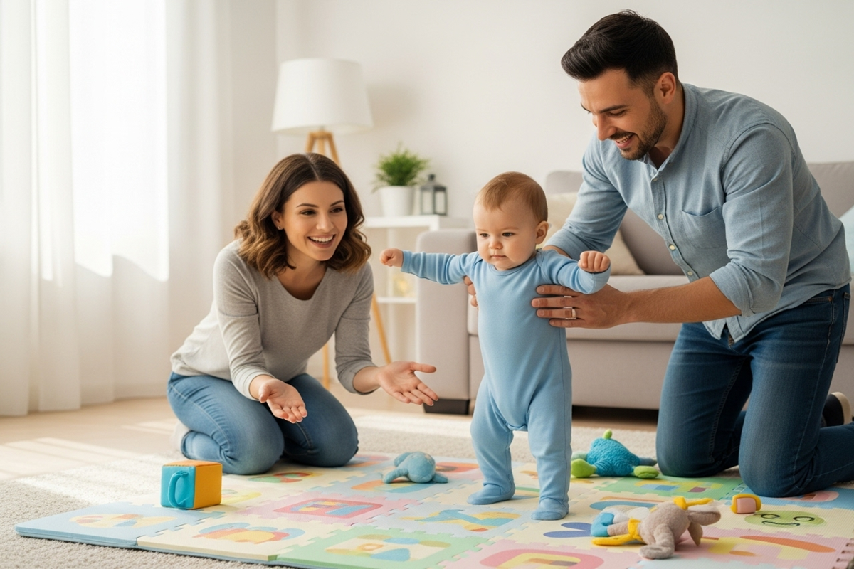 Bébé faisant ses premiers pas avec l'encouragement bienveillant de ses parents dans un environnement sécurisé