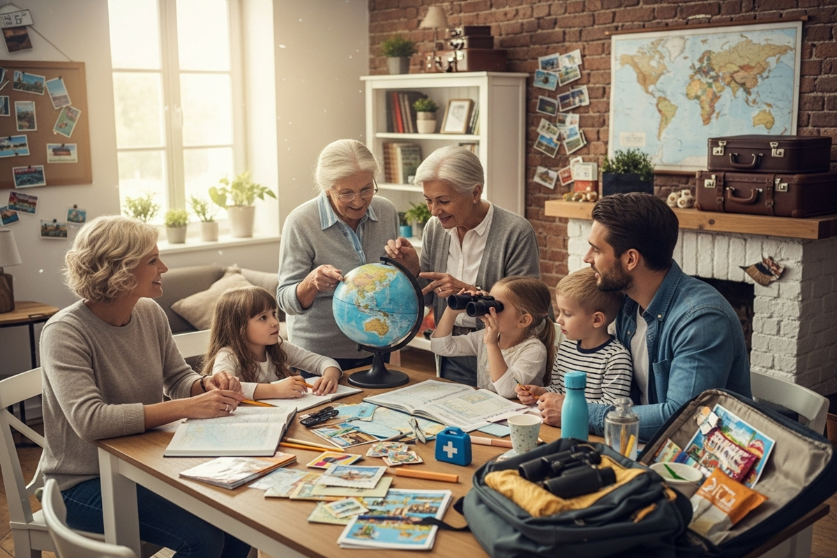 Famille multigénérationnelle préparant un voyage éducatif avec enfants