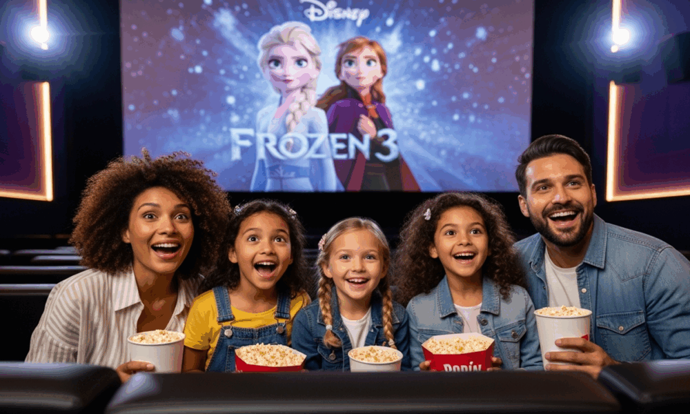 Famille regardant La Reine des Neiges 3 lors d'une sortie cinéma Disney