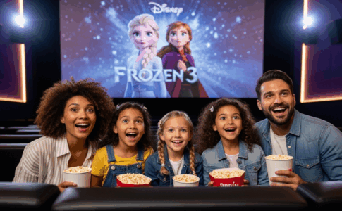 Famille regardant La Reine des Neiges 3 lors d'une sortie cinéma Disney