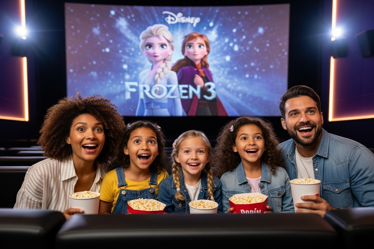 Famille regardant La Reine des Neiges 3 lors d'une sortie cinéma Disney