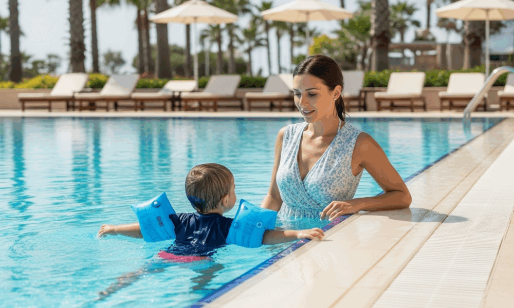 Maman surveillant son enfant équiper de brassards pour la sécurité piscine enfant